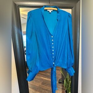 Marc New York Teal V-Neck Button Tie-Front Blouse